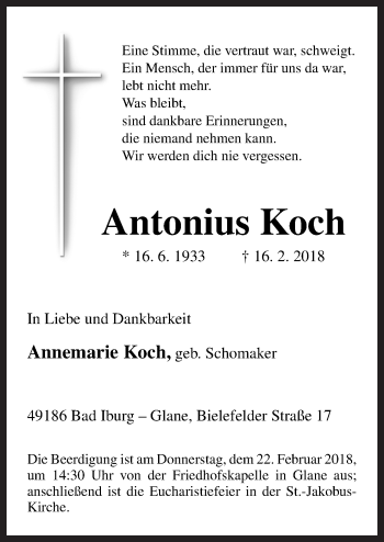 Traueranzeige von Antonius Koch von Neue Osnabrücker Zeitung GmbH & Co. KG