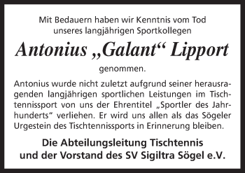 Traueranzeige von Antonius Lipport von Neue Osnabrücker Zeitung GmbH & Co. KG