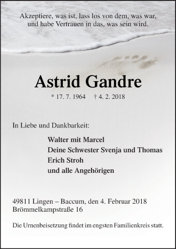 Traueranzeige von Astrid Gandre von Neue Osnabrücker Zeitung GmbH & Co. KG