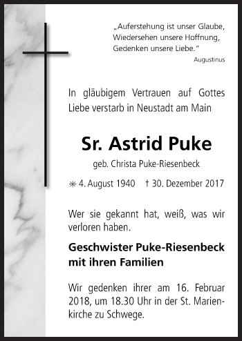 Traueranzeige von Astrid Puke von Neue Osnabrücker Zeitung GmbH & Co. KG