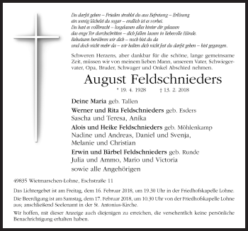 Traueranzeige von August Feldschnieders von Neue Osnabrücker Zeitung GmbH & Co. KG