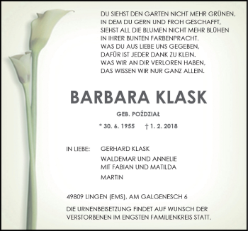 Traueranzeige von Barbara Klask von Neue Osnabrücker Zeitung GmbH & Co. KG