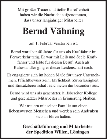 Traueranzeige von Bernd Vähning von Neue Osnabrücker Zeitung GmbH & Co. KG