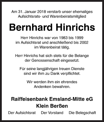 Traueranzeige von Bernhard Hinrichs von Neue Osnabrücker Zeitung GmbH & Co. KG