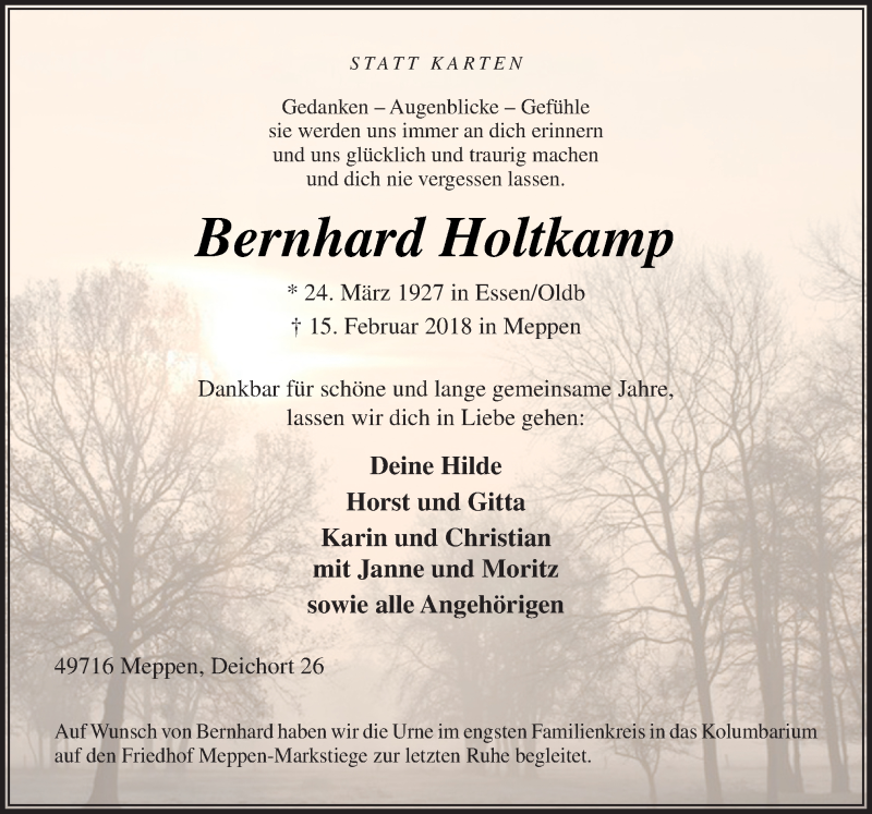  Traueranzeige für Bernhard Holtkamp vom 24.02.2018 aus Neue Osnabrücker Zeitung GmbH & Co. KG