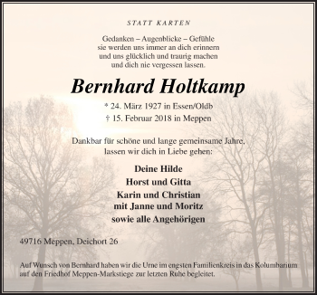 Traueranzeige von Bernhard Holtkamp von Neue Osnabrücker Zeitung GmbH & Co. KG
