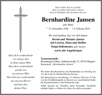 Traueranzeige von Bernhardine Jansen von Neue Osnabrücker Zeitung GmbH & Co. KG