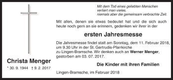 Traueranzeige von Christa Menger von Neue Osnabrücker Zeitung GmbH & Co. KG