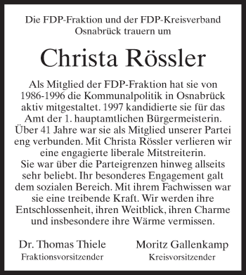 Traueranzeige von Christa Rössler von Neue Osnabrücker Zeitung GmbH & Co. KG