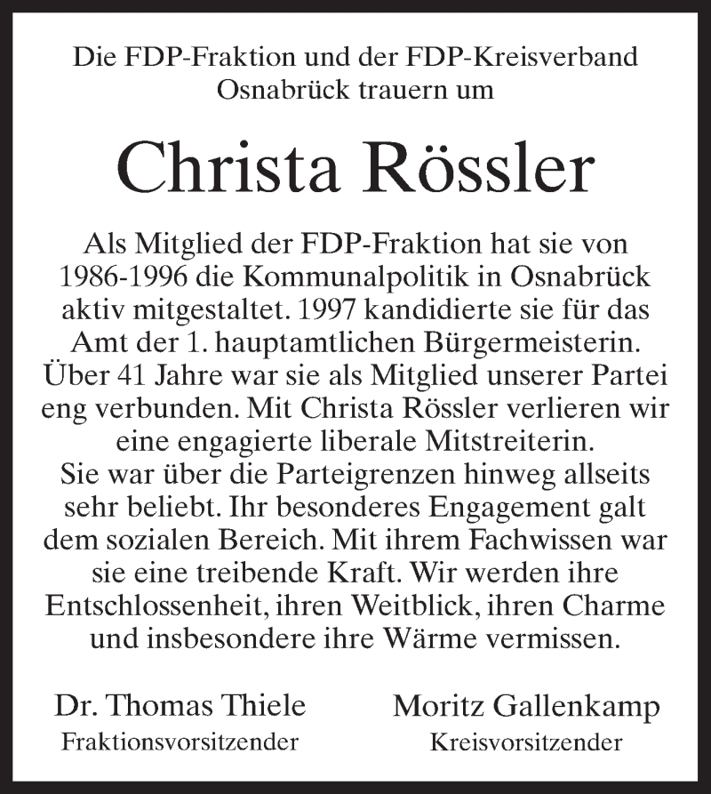  Traueranzeige für Christa Rössler vom 08.02.2018 aus Neue Osnabrücker Zeitung GmbH & Co. KG