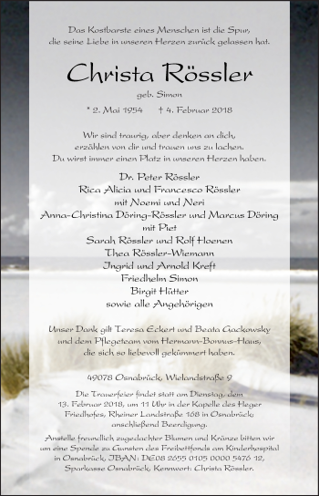 Traueranzeige von Christa Rössler von Neue Osnabrücker Zeitung GmbH & Co. KG