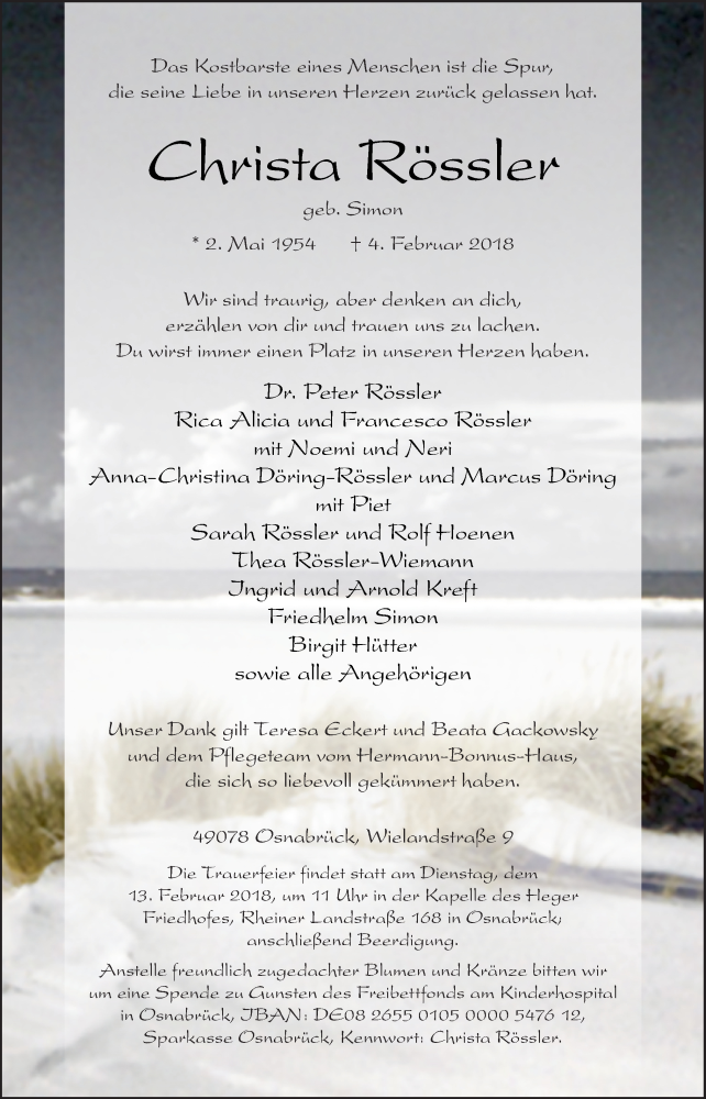  Traueranzeige für Christa Rössler vom 08.02.2018 aus Neue Osnabrücker Zeitung GmbH & Co. KG