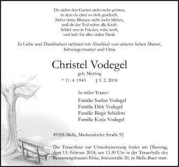 Traueranzeige von Christel Vodegel von Neue Osnabrücker Zeitung GmbH & Co. KG