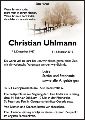 Traueranzeige von Christian Uhlmann von Neue Osnabrücker Zeitung GmbH & Co. KG