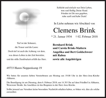 Traueranzeige von Clemens Brink von Neue Osnabrücker Zeitung GmbH & Co. KG