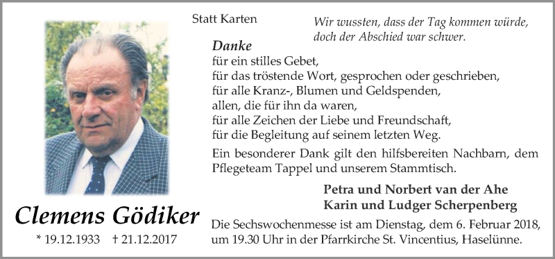  Traueranzeige für Clemens Gödiker vom 03.02.2018 aus Neue Osnabrücker Zeitung GmbH & Co. KG