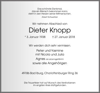 Traueranzeige von Dieter Knopp von Neue Osnabrücker Zeitung GmbH & Co. KG