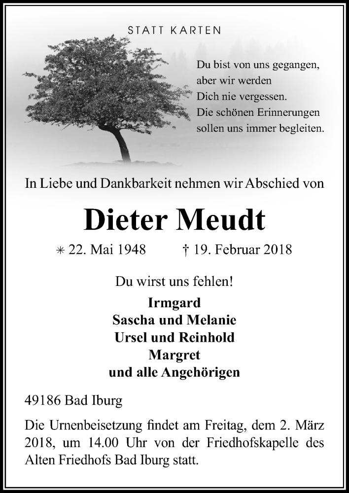  Traueranzeige für Dieter Meudt vom 28.02.2018 aus Neue Osnabrücker Zeitung GmbH & Co. KG
