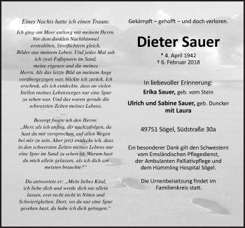 Traueranzeige von Dieter Sauer von Neue Osnabrücker Zeitung GmbH & Co. KG
