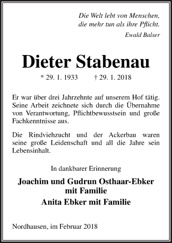 Traueranzeige von Dieter Stabenau von Neue Osnabrücker Zeitung GmbH & Co. KG
