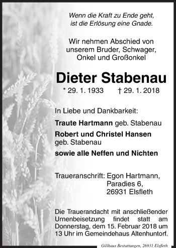 Traueranzeige von Dieter Stabenau von Neue Osnabrücker Zeitung GmbH & Co. KG