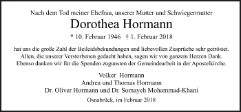 Traueranzeige von Dorothea Hormann von Neue Osnabrücker Zeitung GmbH & Co. KG