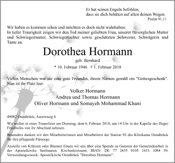 Traueranzeige von Dorothea Hormann von Neue Osnabrücker Zeitung GmbH & Co. KG