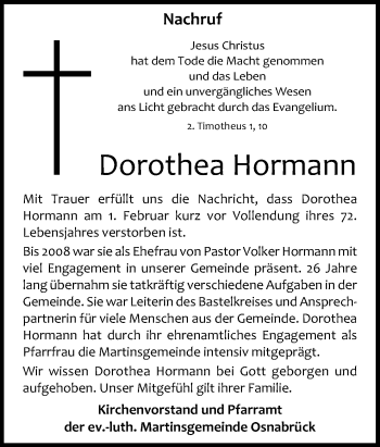 Traueranzeige von Dorothea Hormann von Neue Osnabrücker Zeitung GmbH & Co. KG