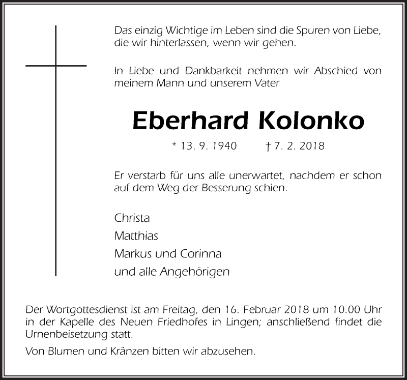  Traueranzeige für Eberhard Kolonko vom 13.02.2018 aus Neue Osnabrücker Zeitung GmbH & Co. KG