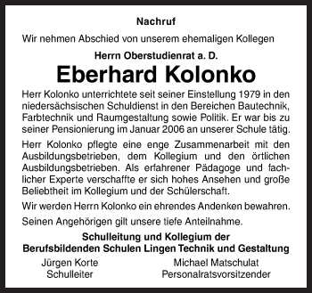 Traueranzeige von Eberhard Kolonko von Neue Osnabrücker Zeitung GmbH & Co. KG