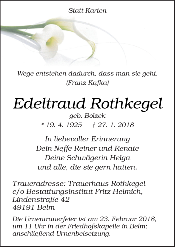 Traueranzeige von Edeltraud Rothkegel von Neue Osnabrücker Zeitung GmbH & Co. KG