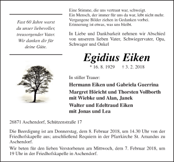 Traueranzeige von Egidius Eiken von Neue Osnabrücker Zeitung GmbH & Co. KG