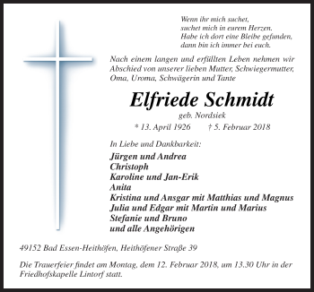 Traueranzeige von Elfriede Schmidt von Neue Osnabrücker Zeitung GmbH & Co. KG
