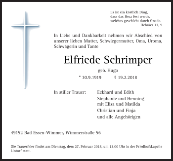 Traueranzeige von Elfriede Schrimper von Neue Osnabrücker Zeitung GmbH & Co. KG