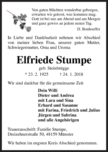 Traueranzeige von Elfriede Stumpe von Neue Osnabrücker Zeitung GmbH & Co. KG