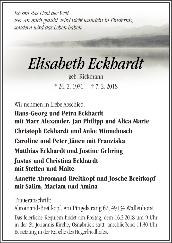  Traueranzeige für Elisabeth Eckhardt vom 10.02.2018 aus Neue Osnabrücker Zeitung GmbH & Co. KG