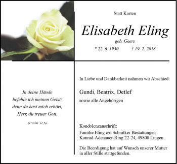 Traueranzeige von Elisabeth Eling von Neue Osnabrücker Zeitung GmbH & Co. KG