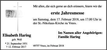 Traueranzeige von Elisabeth Haring von Neue Osnabrücker Zeitung GmbH & Co. KG