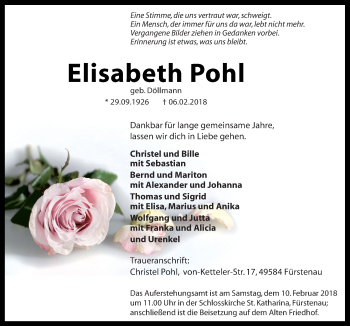 Traueranzeige von Elisabeth Pohl von Neue Osnabrücker Zeitung GmbH & Co. KG