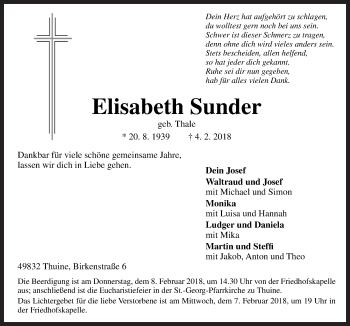 Traueranzeige von Elisabeth Sunder von Neue Osnabrücker Zeitung GmbH & Co. KG