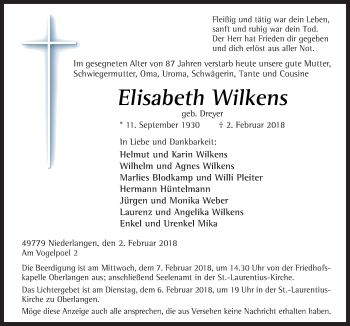 Traueranzeige von Elisabeth Wilkens von Neue Osnabrücker Zeitung GmbH & Co. KG