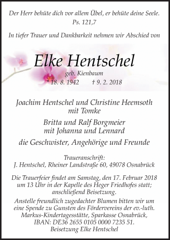 Traueranzeige von Elke Hentschel von Neue Osnabrücker Zeitung GmbH & Co. KG