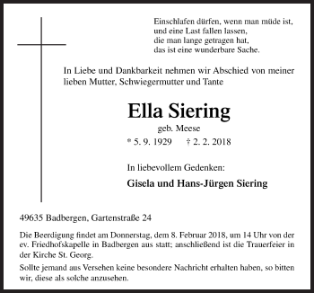 Traueranzeige von Ella Siering von Neue Osnabrücker Zeitung GmbH & Co. KG
