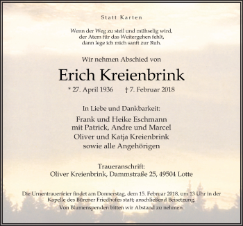 Traueranzeige von Erich Kreienbrink von Neue Osnabrücker Zeitung GmbH & Co. KG