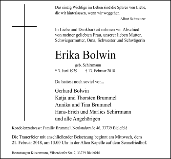 Traueranzeige von Erika Bolwin von Neue Osnabrücker Zeitung GmbH & Co. KG