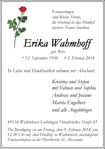 Traueranzeige von Erika Wahmhoff von Neue Osnabrücker Zeitung GmbH & Co. KG