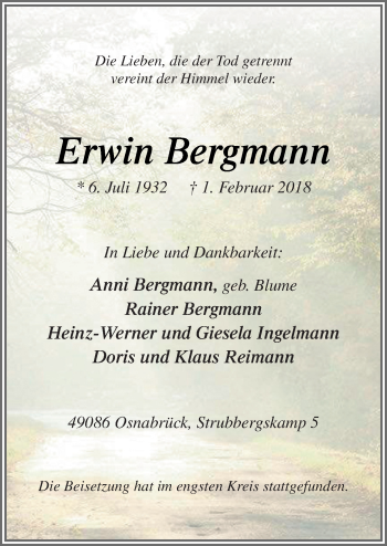 Traueranzeige von Erwin Bergmann von Neue Osnabrücker Zeitung GmbH & Co. KG