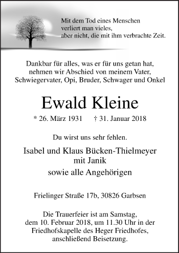 Traueranzeige von Ewald Kleine von Neue Osnabrücker Zeitung GmbH & Co. KG