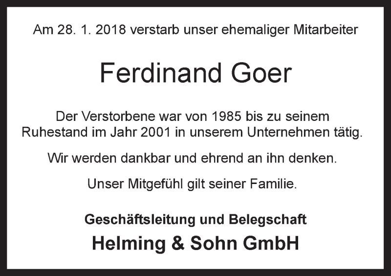  Traueranzeige für Ferdinand Goer vom 02.02.2018 aus Neue Osnabrücker Zeitung GmbH & Co. KG