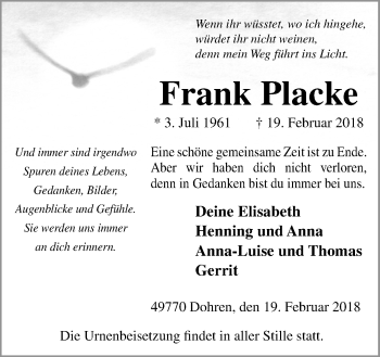 Traueranzeige von Frank Placke von Neue Osnabrücker Zeitung GmbH & Co. KG